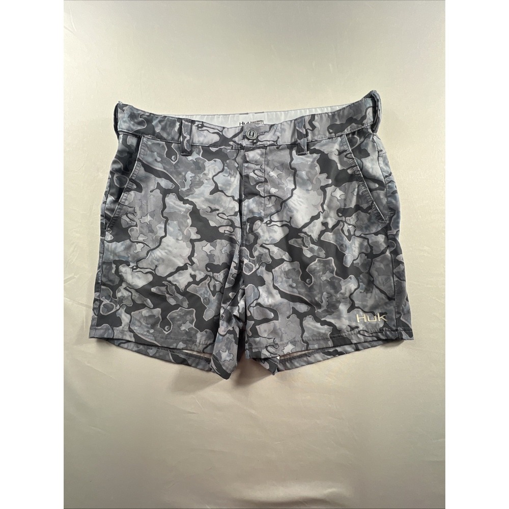 HUK FISHING MENS LOWCOUNTRY‎ CAMO 6" SHORTS Grey/blue SIZE XL Performance Fabric